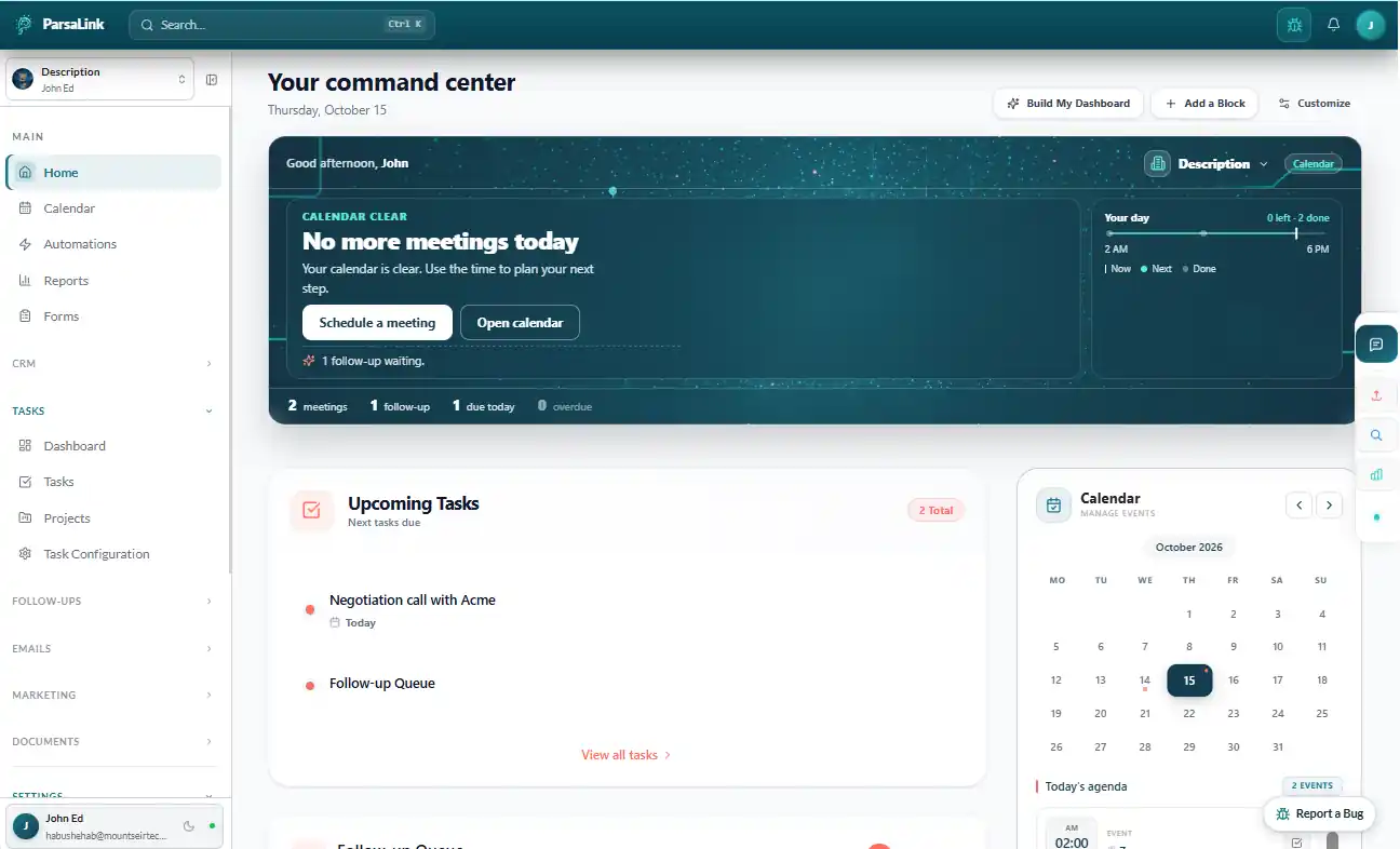 ParsaLink CRM dashboard showing contacts, pipeline stages, and follow-ups